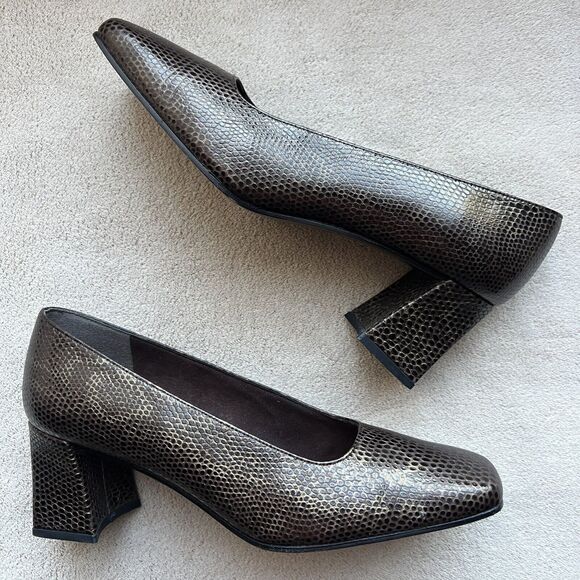 Stuart Weitzman Marymid Snakeskin Print Brown Leather Block Heel Pump Women 6 M - Picture 1 of 16